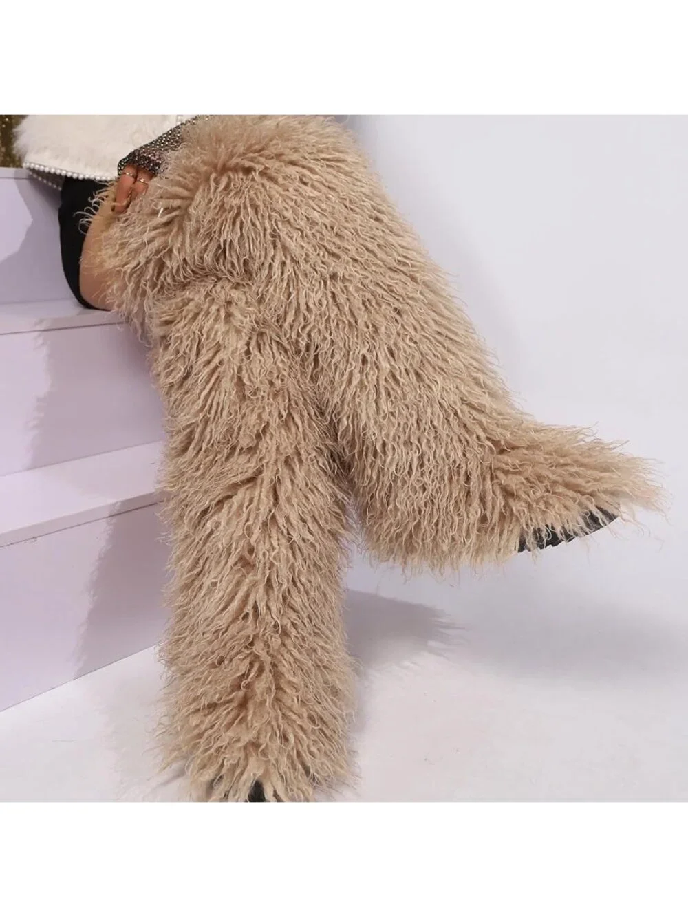 Women's Light Khaki Round Toe Comfort Over The Knee Fluffy Fur Thigh High Boots